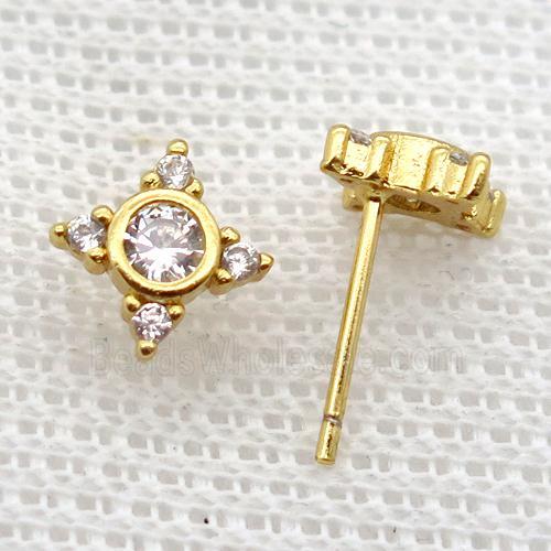 copper stud Earrings pave zircon, star, gold plated