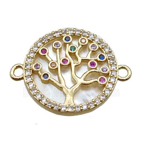 copper circle connector paved zircon, tree of life, shell backing, gold plated