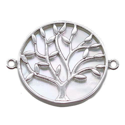 copper circle connector, tree of life, shell backing, platinum plated