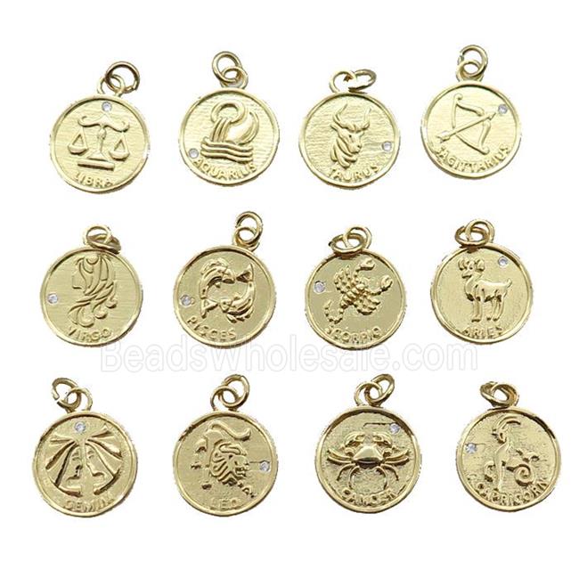 copper circle pendant with mix Zodiac, gold plated