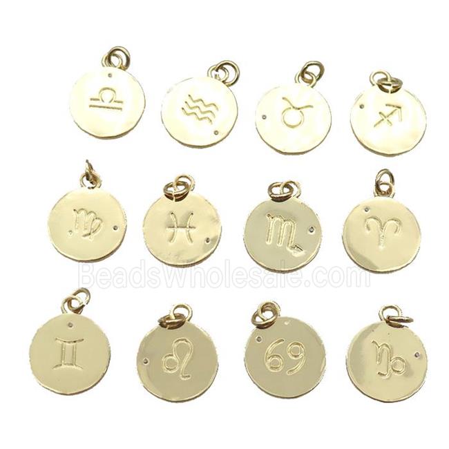 copper circle pendant with mix Zodiac, gold plated