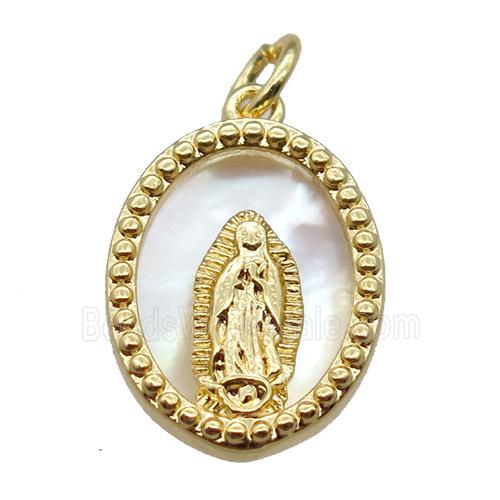 copper oval pendant with Virgin Mary, shell backing, gold plated