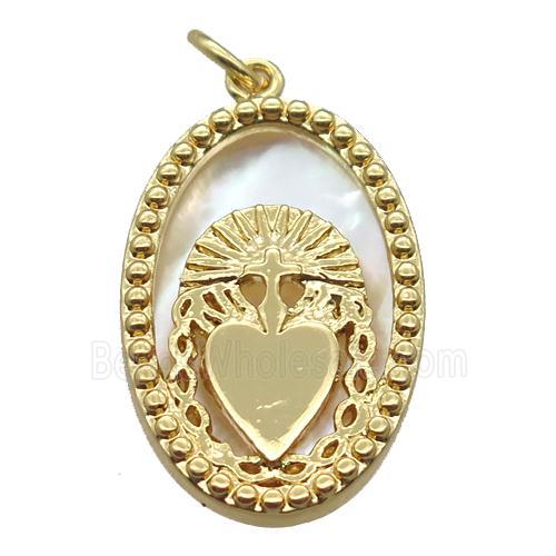 copper oval pendant, shell backing, gold plated