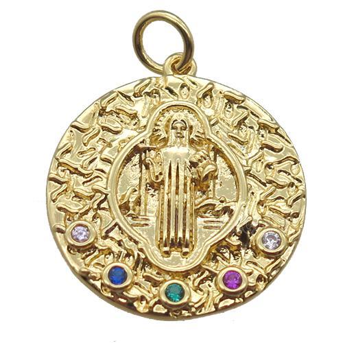 copper circle pendant paved zircon with Jesus, gold plated