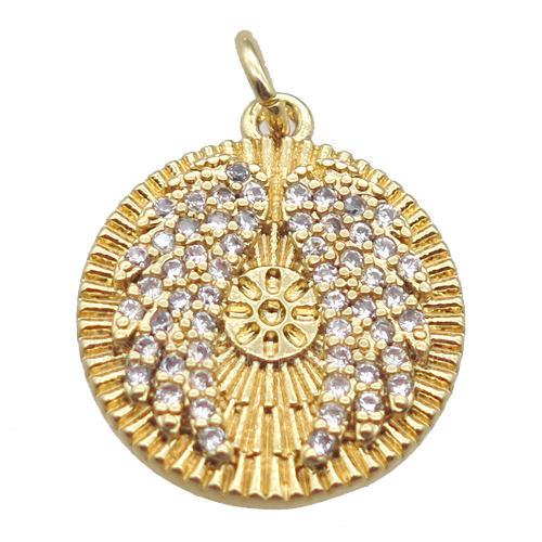 copper circle pendant paved zircon with wings, gold plated