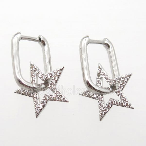 copper Latchback Earrings paved zircon, star, platinum plated