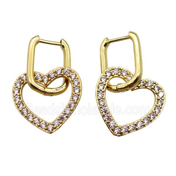 copper Latchback Earrings paved zircon, heart, gold plated