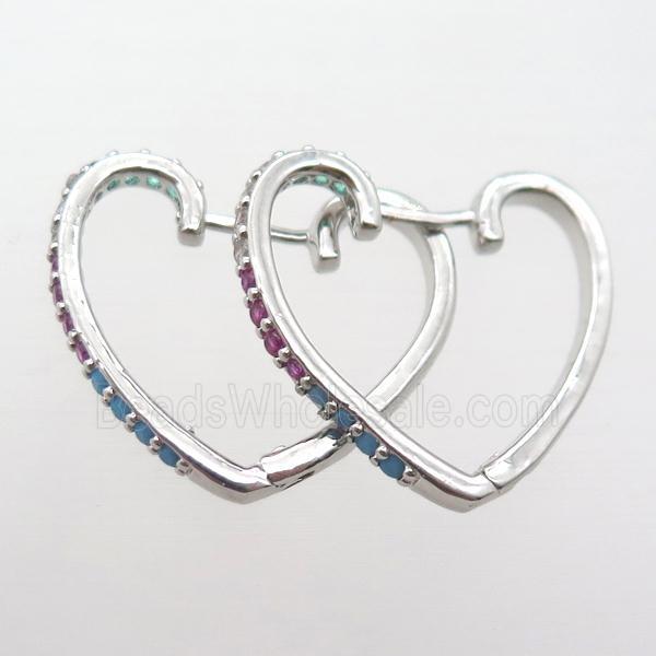copper Latchback Earrings paved zircon, heart, platinum plated