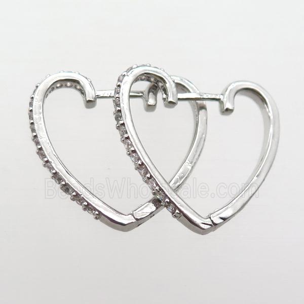 copper Latchback Earrings paved zircon, heart, platinum plated