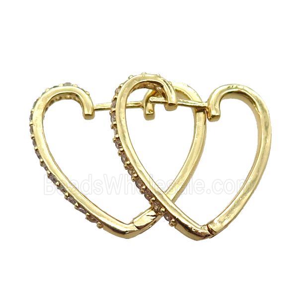 copper Latchback Earrings paved zircon, heart, gold plated