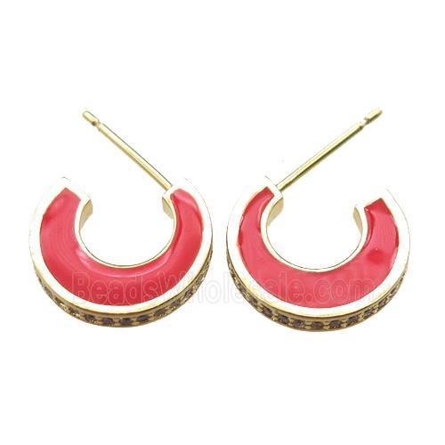 copper stud Earrings with red Enameling, gold plated