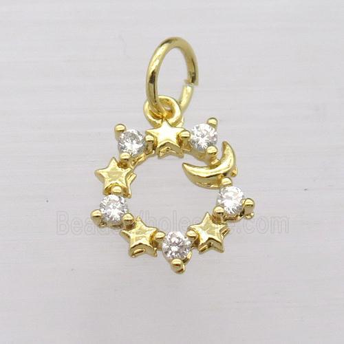 copper circle pendant pave zircon, star, gold plated