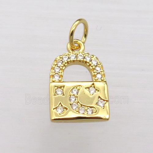 copper lock pendant pave zircon, moon, gold plated