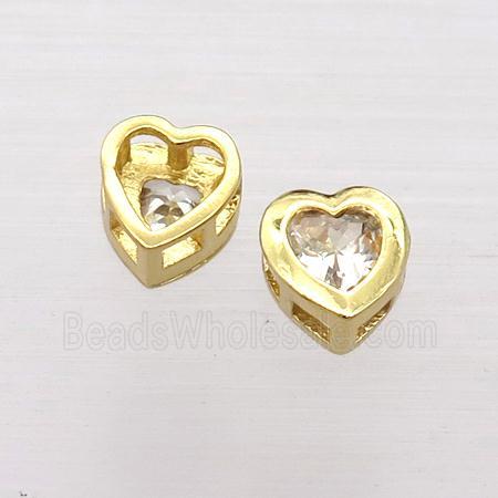 copper heart beads pave zircon, gold plated