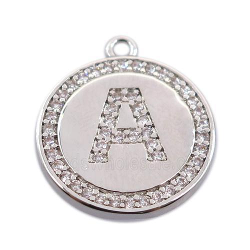 copper circle pendant pave zircon, letter A, platinum plated