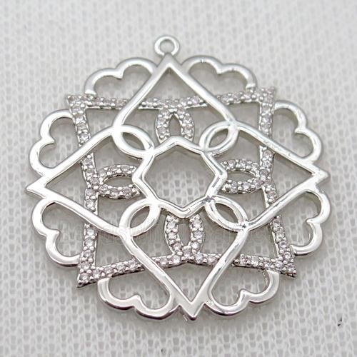 copper flower pendant pave zircon, platinum plated