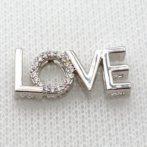 copper LOVE beads pave zircon, double hole, platinum plated