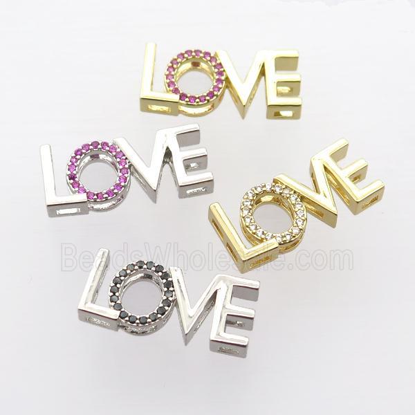 copper LOVE beads pave zircon, double hole, mixed