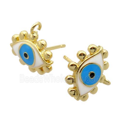 copper Stud Earrings, enamel evil eye, gold plated