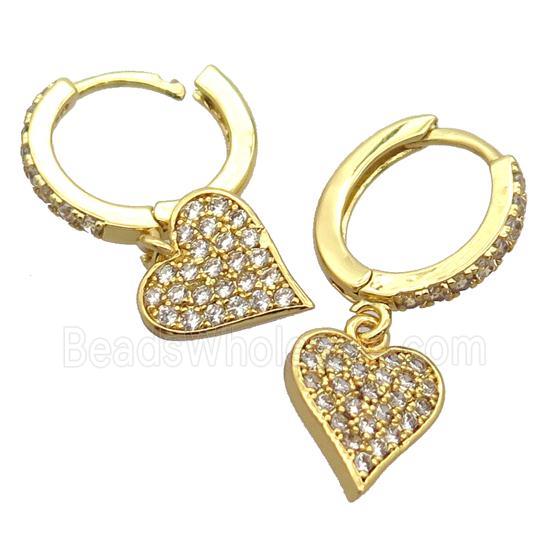 copper Hoop Earrings pave zircon with heart, gold plated