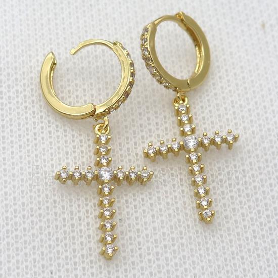 copper Hoop Earrings pave zircon with cross, gold plated