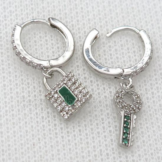 copper Hoop Earrings pave zircon with Key Lock, platinum plated