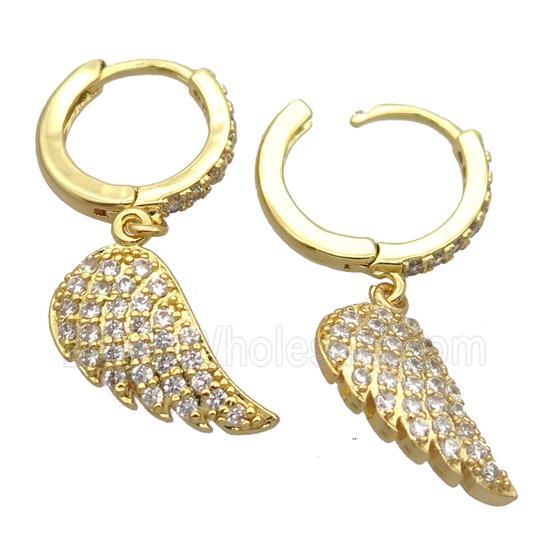 copper Hoop Earrings pave zircon with angelwings, gold plated