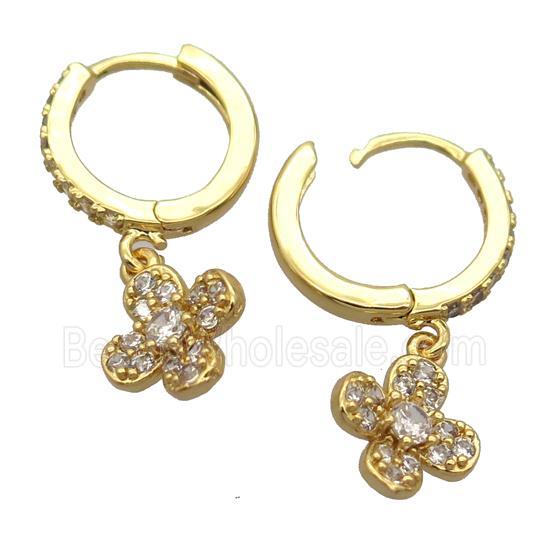 copper Hoop Earrings pave zircon with clover, gold plated