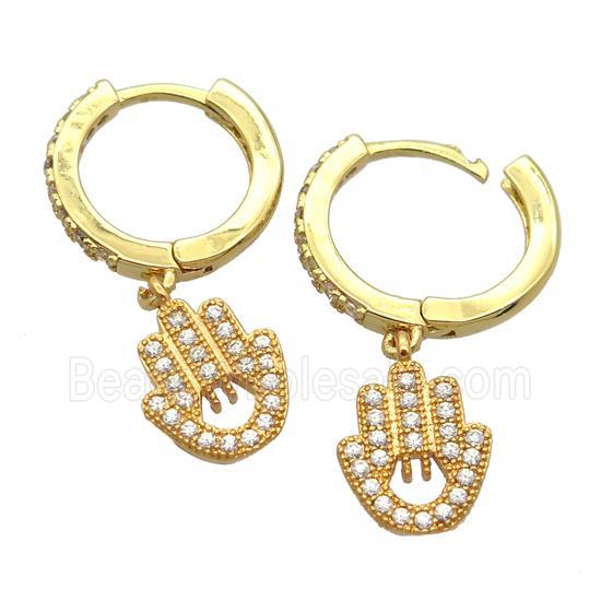 copper Hoop Earrings pave zircon with hamsahand, gold plated