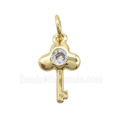 copper Key charm pendant pave zircon, gold plated