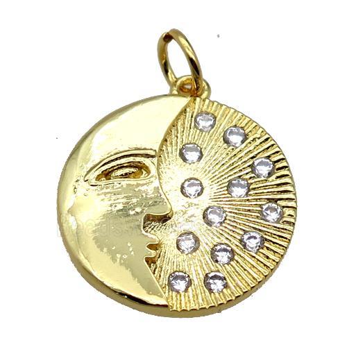 copper moonface pendant pave zircon, gold plated