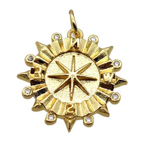 copper Compass pendant pave zircon, gold plated