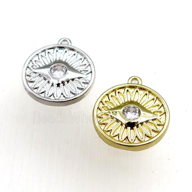 copper circle pendant pave zircon, eye, mixed