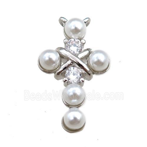 copper cross pendant pave zircon with pearlized plastic, platinum plated