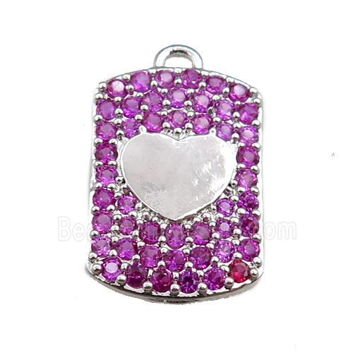 copper rectangle pendant pave hotpink zircon, heart, platinum plated