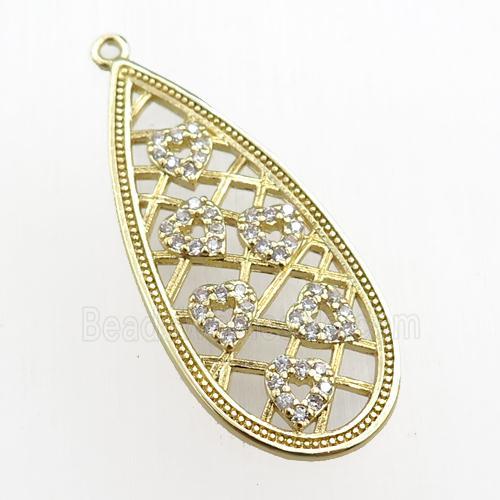 copper teardrop pendant pave zircon, heart, gold plated