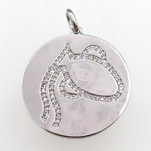 copper circle pendant pave zircon, zodiac Aquarius, platinum plated