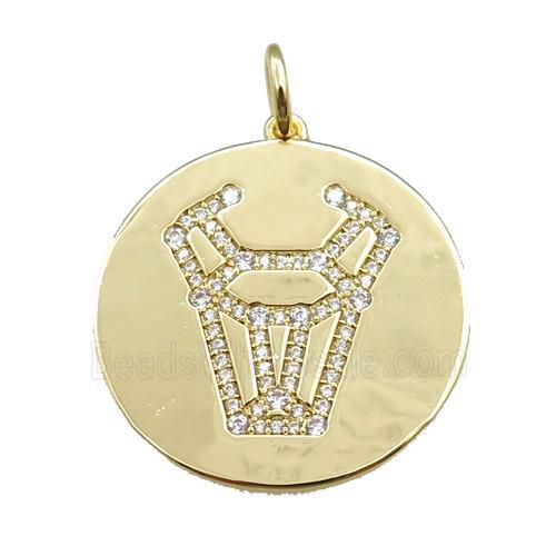 copper circle pendant pave zircon, zodiac Taurus, gold plated