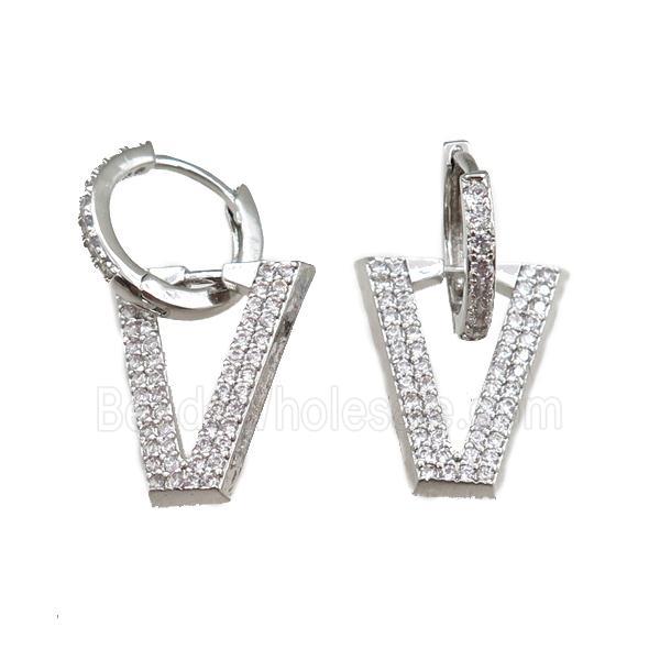 copper Hoop Earrings with V-letter pave zircon, platinum plated