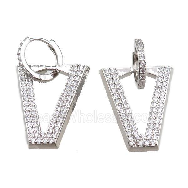 copper Hoop Earrings with V-letter pave zircon, platinum plated