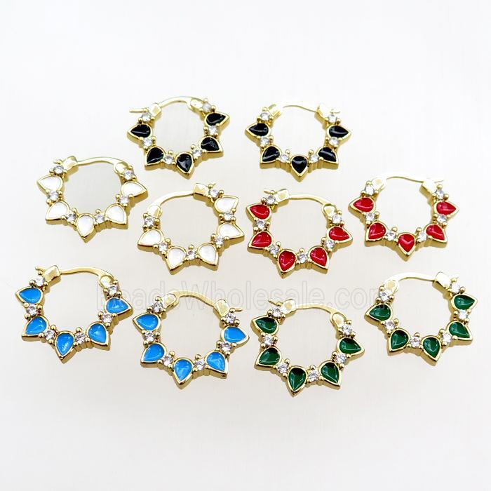 copper Latchback Earrings pave zircon, enameled, gold plated, mixed