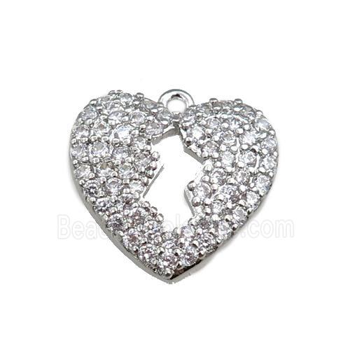 copper heart pendant paved zircon, platinum plated