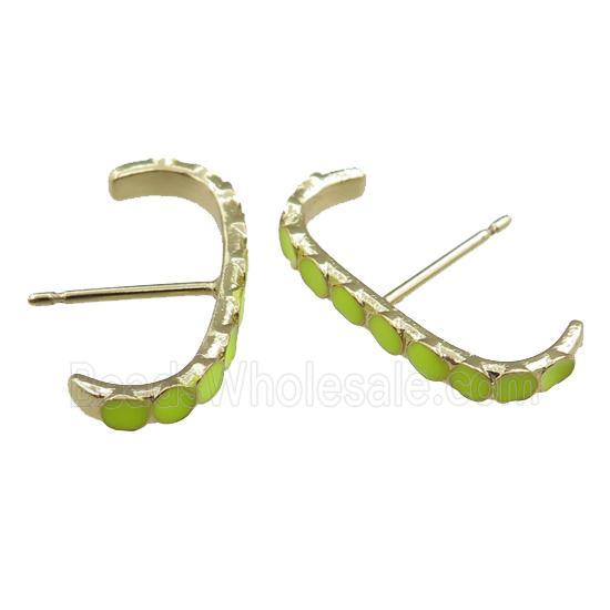 copper Stud Earrings with olive enameled, gold plated