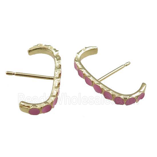 copper Stud Earrings with pink enameled, gold plated