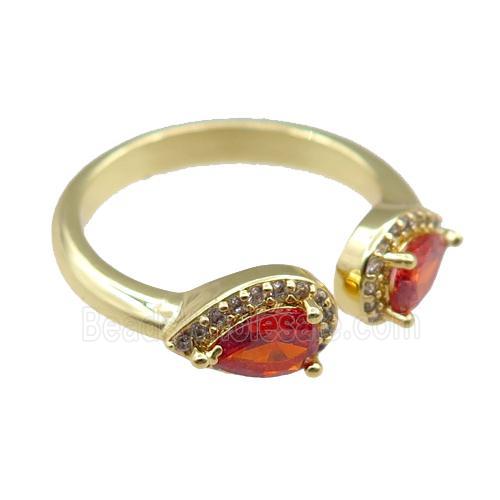 copper Rings pave red zircon, adjustable, gold plated