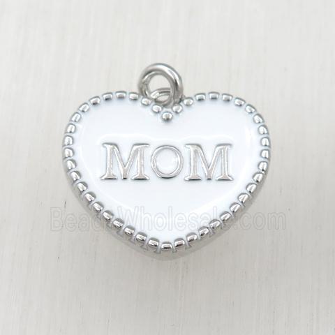 copper heart MOM pendant with white enameling, platinum plated