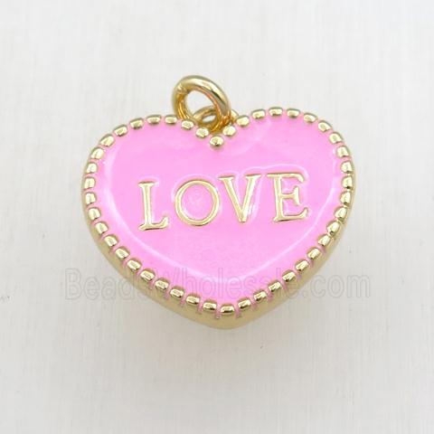 copper heart LOVE pendant with pink enameling, gold plated