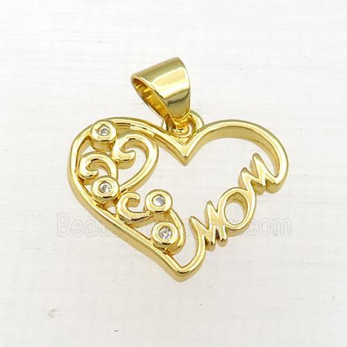 copper heart MOM pendant paved zircon, gold plated