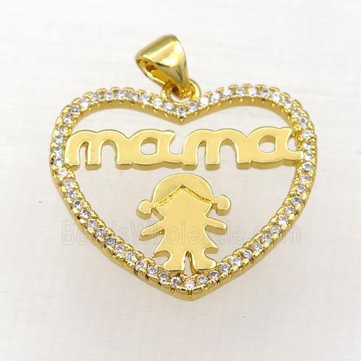 copper heart MAMA pendant paved zircon, gold plated