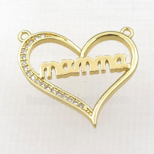 copper heart MAMA pendant paved zircon with 2loops, gold plated